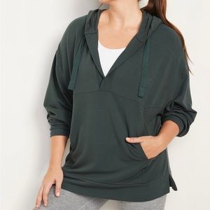 Cozy-Knit French-Terry Tunic Hoodie for Women Dark Green Size Large